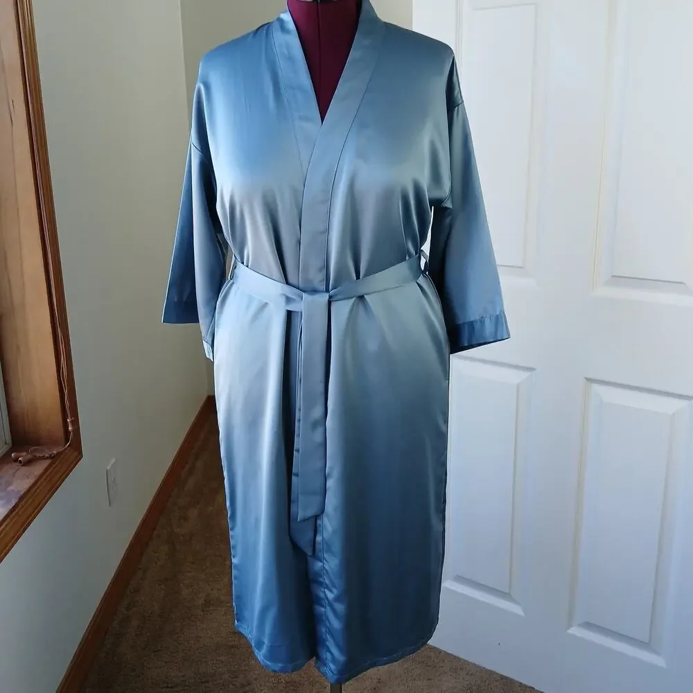 Blue Satin Lightweight Robe Men's Small shiny midi maxi kimono quiet luxury - Picture 5 of 16